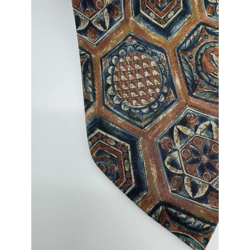 Vintage Valentino Silk Tie Geometric Medallion Brown Blue Necktie‎ Made in Italy